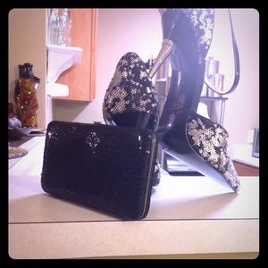 Silver and black sequin stilettos